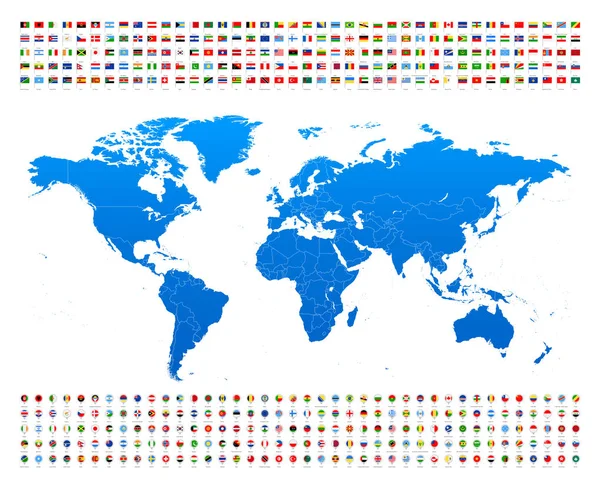 Mapa Mundial Azul Bandeiras Fronteiras Países Cidades Ilustração Vetorial —  Vetores de Stock