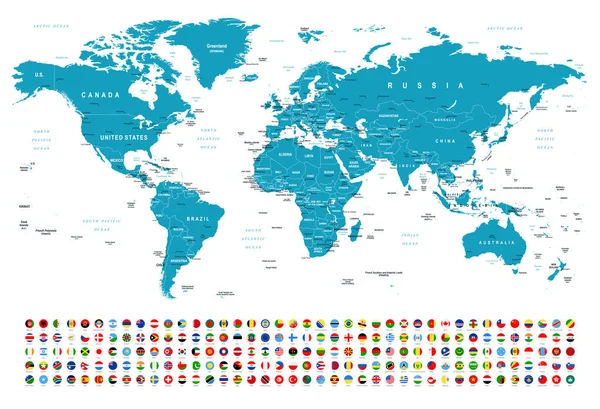 Dünya Haritası Bayrakları Sınırlar Ülkeler Şehirler Vektör Illüstrasyonu — Stok Vektör