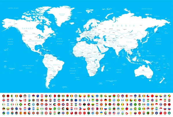 Mapa Del Mundo Banderas Fronteras Países Ciudades Ilustración Vectorial — Vector de stock