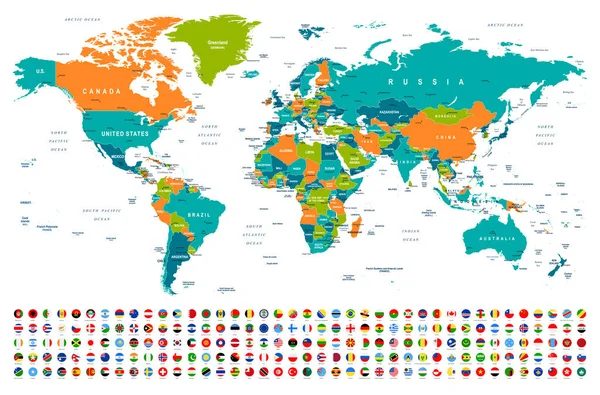 Världskarta Och Flaggor Gränser Länder Och Städer Vektorillustration — Stock vektor