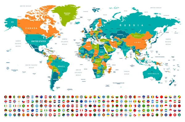 Mapa Mundo Bandeiras Fronteiras Países Cidades Ilustração Vetorial —  Vetores de Stock