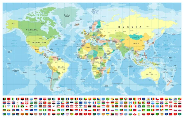 Dünya Haritası ve Bayrakları - sınırlar, ülkeler ve şehirler - vektör illüstrasyonu