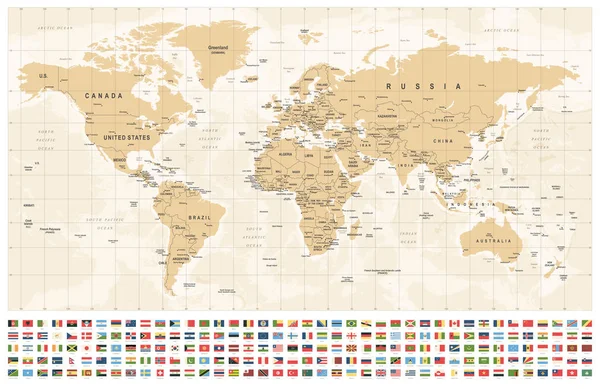 Mapa Mundo Bandeiras Fronteiras Países Cidades Ilustração Vetorial Vintage — Vetor de Stock