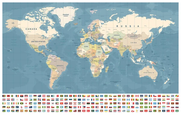 Carte Monde Drapeaux Frontières Pays Villes Illustration Vectorielle Vintage — Image vectorielle