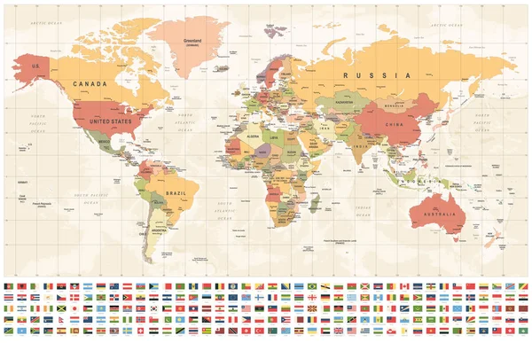 世界地図と旗 国と都市 ヴィンテージベクトル図 — ストックベクタ