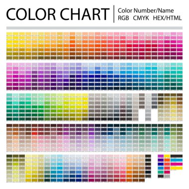 Renk Grafiği. Test Sayfasını Yazdır. Renk Numaraları veya İsimler. Rgb, Cmyk, Pantone, Hex Html kodları. Vektör renk paleti.