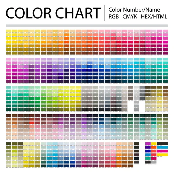 Kleurengrafiek. Test pagina afdrukken. Kleurnummers of namen. RGB-, CMYK-, PANTONE-, hex-HTML-codes. Vector kleurenpalet. — Stockvector