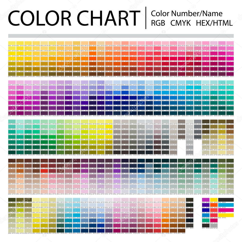 Color Chart. Print Test Page. Color Numbers or Names. RGB, CMYK, Pantone, HEX HTML codes. Vector color palette.