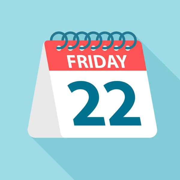 Viernes 22 - Icono del calendario. Ilustración vectorial de hoja de papel del día de la semana. Plantilla Calendario — Vector de stock