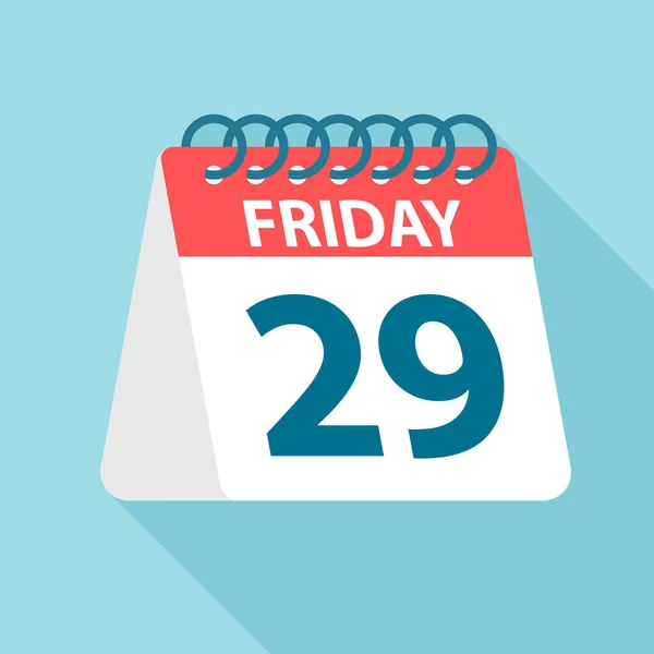 Viernes 29 - Icono del calendario. Ilustración vectorial de hoja de papel del día de la semana. Plantilla Calendario — Vector de stock