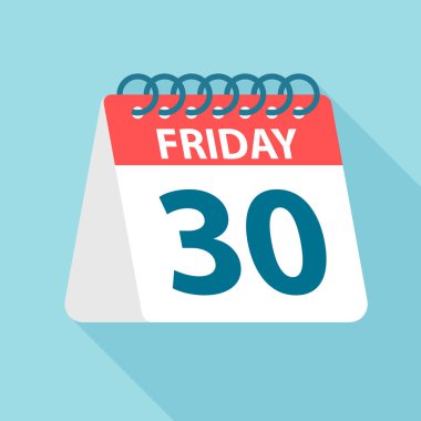 Cuma 30 - Takvim Simgesi. Hafta gün kağıt yaprak Vektör illüstrasyon. Takvim Şablonu