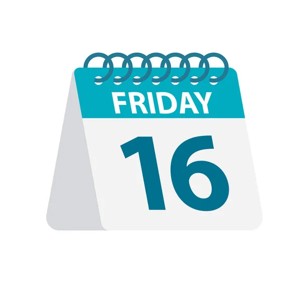 Viernes 16 - Icono del calendario. Ilustración vectorial de hoja de papel del día de la semana. Plantilla Calendario — Vector de stock