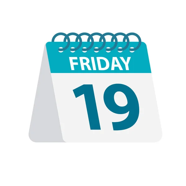 Viernes 19 - Icono del calendario. Ilustración vectorial de hoja de papel del día de la semana. Plantilla Calendario — Vector de stock