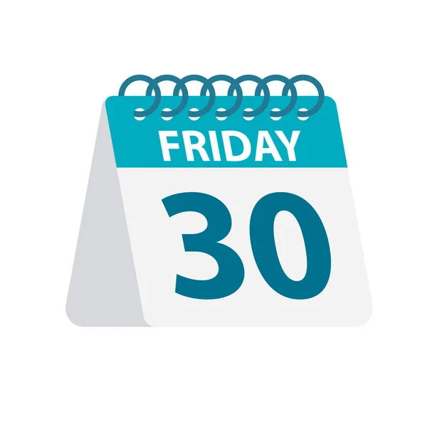 Viernes 30 - Icono del calendario. Ilustración vectorial de hoja de papel del día de la semana. Plantilla Calendario — Vector de stock
