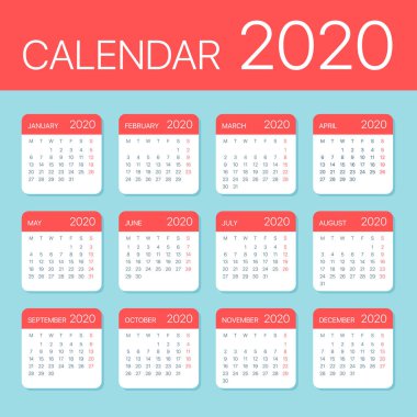 2020 Takvimi Düz Set Yaprakları - Vektör İllüstrasyon