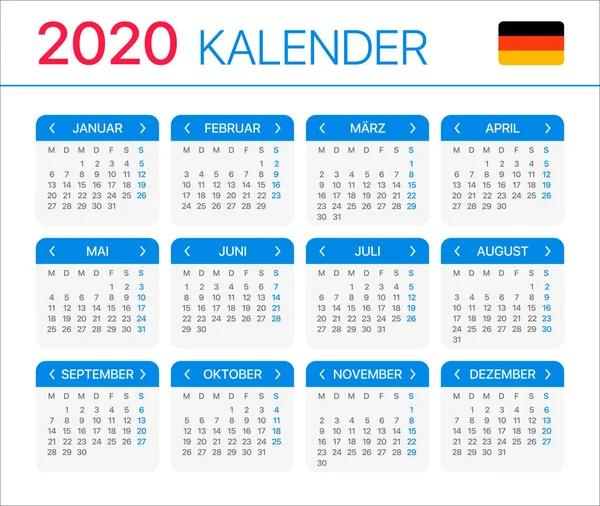 2020 kalendář-vektorová šablona-ilustrace-německá verze — Stockový vektor