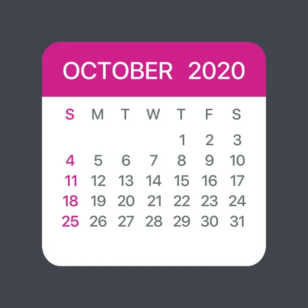 Ekim 2020 Takvim Yaprağı - Vektör şablonu grafik İllüstrasyon — Stok Vektör
