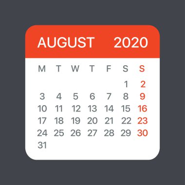 Ağustos 2020 Takvim Yaprağı - Vektör şablonu grafik İllüstrasyon