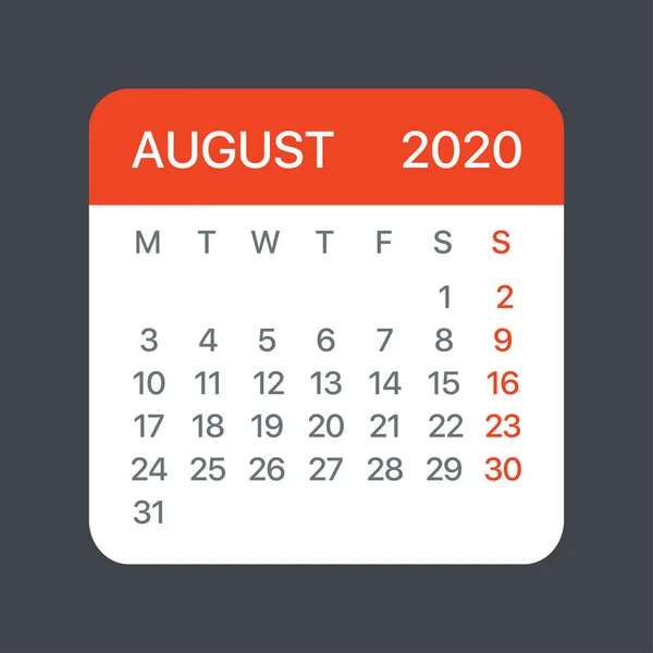 Ağustos 2020 Takvim Yaprağı - Vektör şablonu grafik İllüstrasyon — Stok Vektör