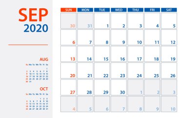 Eylül 2020 Takvim Planlayıcısı - vektör illüstrasyon. Şablon. Alay etmek.