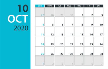 Ekim 2020 Takvim Planlayıcısı - vektör illüstrasyon. Şablon. Alay etmek.