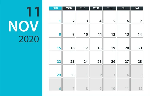 Noiembrie 2020 Calendar Planner - ilustrație vectorială. Şablon. Mock up . — Vector de stoc