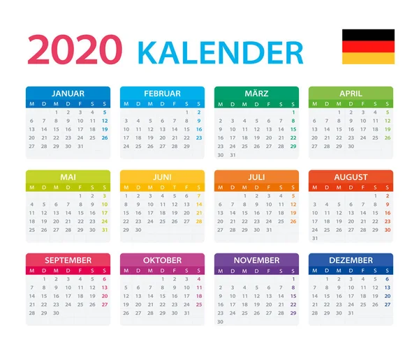 2020 kalendář-vektorový obrázek — Stockový vektor