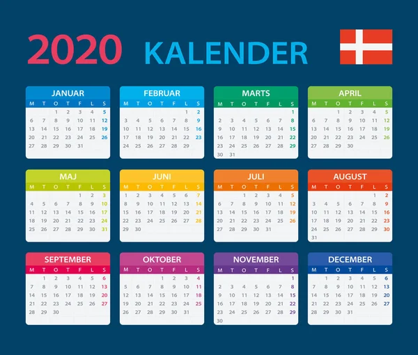 2020 kalendář dánský-vektorový obrázek — Stockový vektor