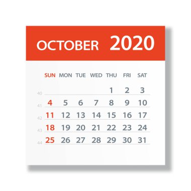 Ekim 2020 Takvim Yaprağı - Vektör İllüstrasyon
