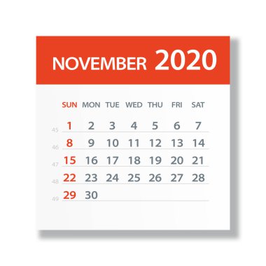 Kasım 2020 Takvim Yaprağı - Vektör İllüstrasyon