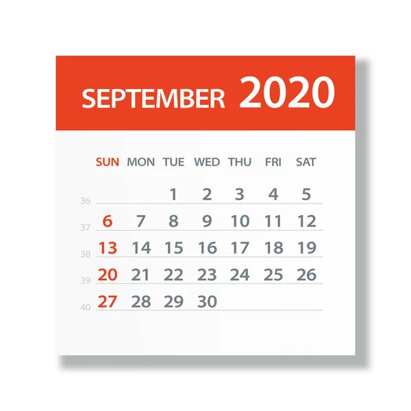 Septembrie 2020 Calendar Leaf - Ilustrație vectorială — Vector de stoc