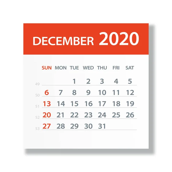Decembrie 2020 Calendar Leaf - Ilustrație vectorială — Vector de stoc