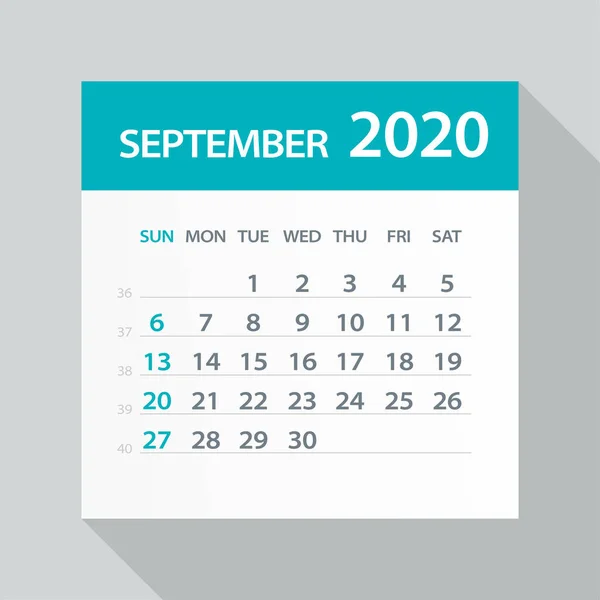 Septembrie 2020 Calendar Leaf - Ilustrație vectorială — Vector de stoc