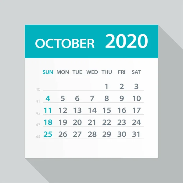 Octombrie 2020 Calendar Leaf - Ilustrație vectorială — Vector de stoc