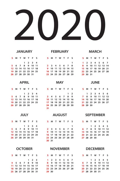 Calendrier 2020 - illustration. La semaine commence le dimanche — Image vectorielle