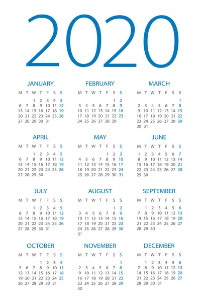 Calendar 2020 - illustration. Week starts on Monday — Stock Vector