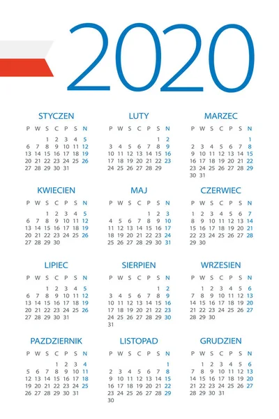 Kalendarz 2020-ilustracja. Wersja Polska — Wektor stockowy