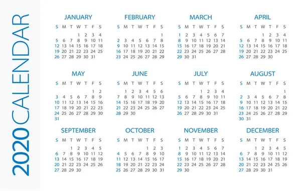 Calendar 2020 Horizontal - illustration. Week starts on Sunday — Stock Vector