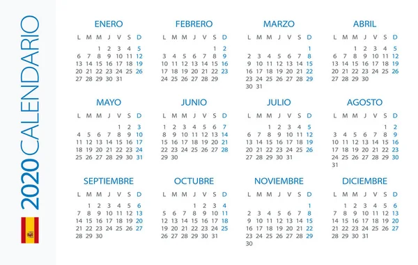 Calendario 2020 Horizontal - ilustración. Versión en español — Vector de stock