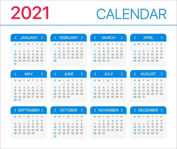 2021年カレンダー 日曜日から日曜日まで ベクトルテンプレート — ストックベクタ
