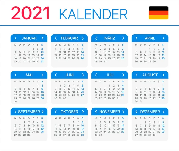 Kalendář 2021 Německá Verze Vektorová Šablona — Stockový vektor