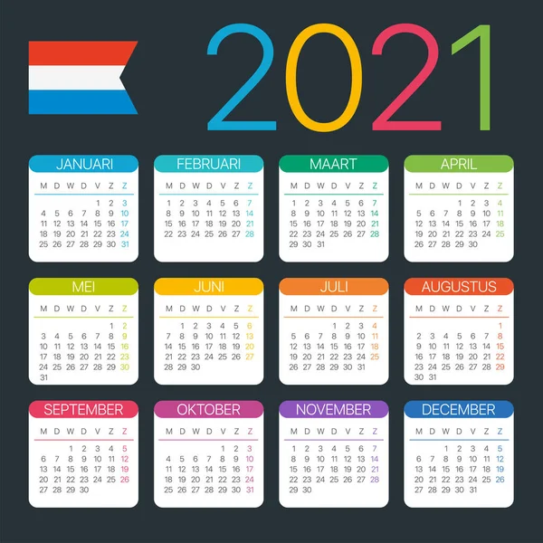 Vektorová Šablona Barevného Kalendáře 2021 Holandská Verze — Stockový vektor