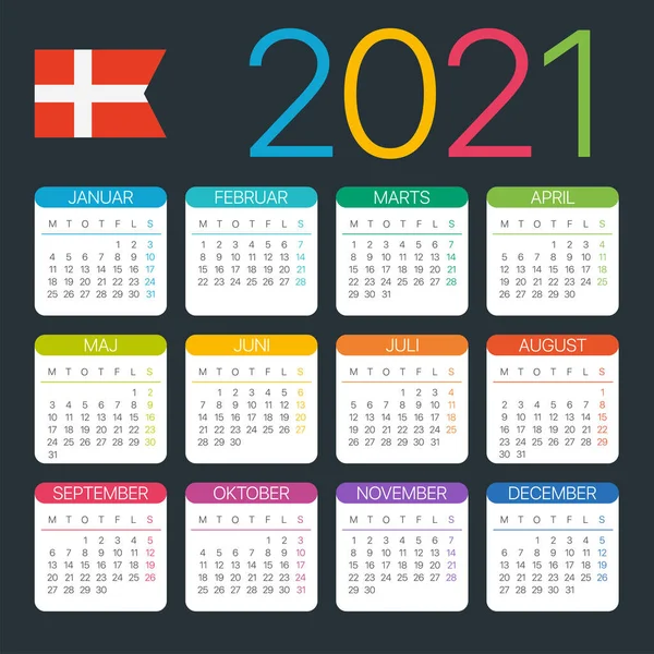 Vektorová Šablona Barevného Kalendáře 2021 Dánská Verze — Stockový vektor