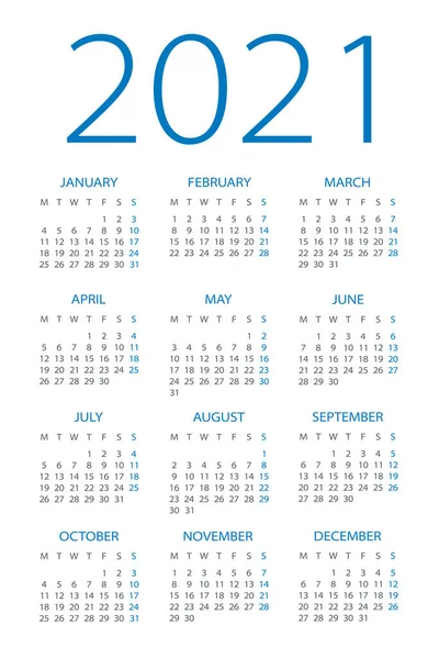 Calendar 2021 Year Vector Illustration Week Starts Sunday — Stock Vector