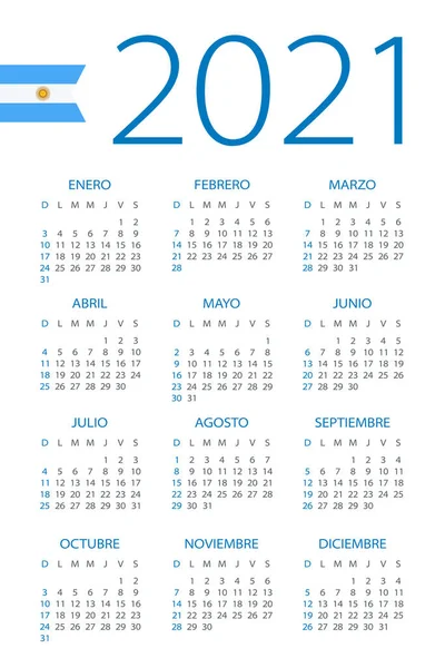 Kalendář 2021 Rok Vektorová Ilustrace Argentinská Verze — Stockový vektor
