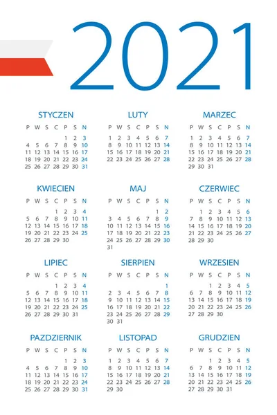 Calendario 2021 Año Ilustración Vectorial Versión Polaca — Vector de stock