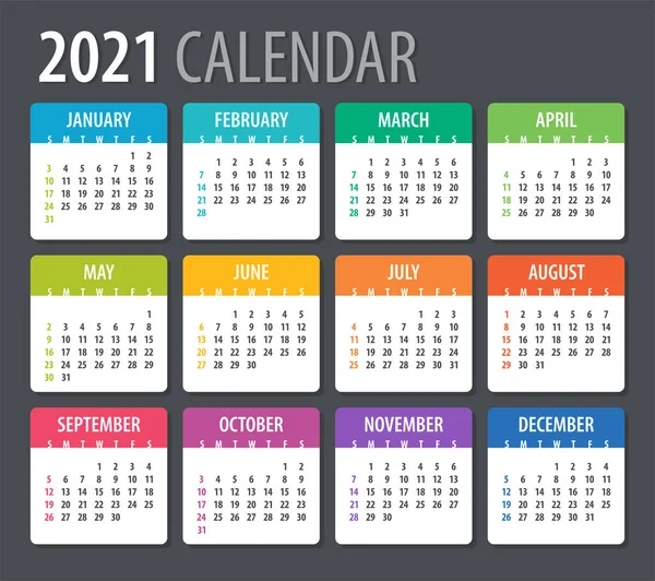 2021 Kalender Zondag Tot Maandag Vectorsjabloon — Stockvector