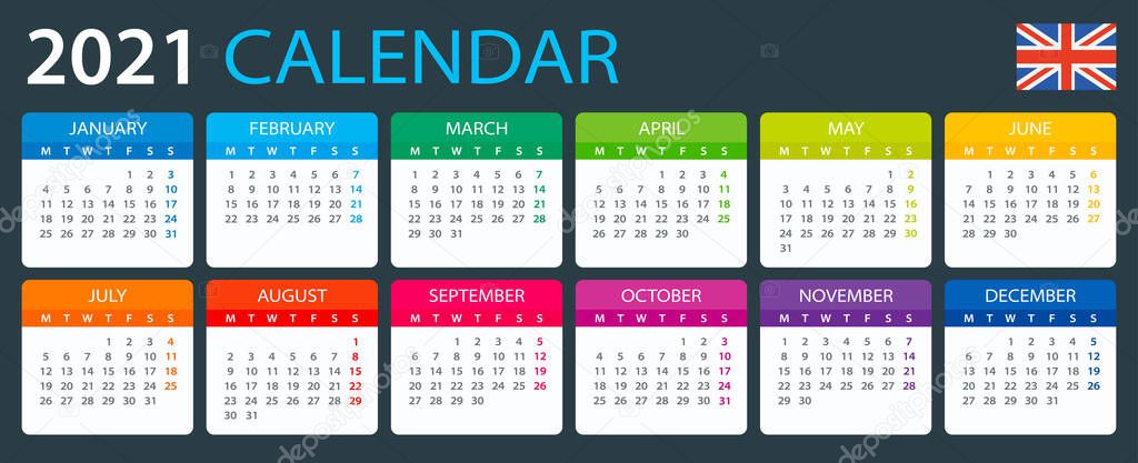 Vector template of color 2021 calendar - English version