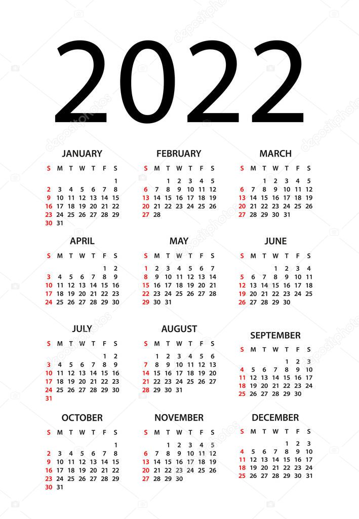 Calendar 2022 year - vector illustration. Week starts on Sunday. Calendar Set for 2022 year