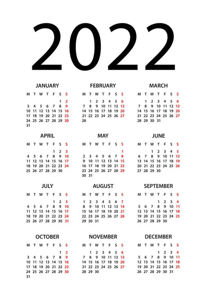 Calendário 2022 Ano Ilustração Vetorial Semana Começa Segunda Calendário Definido —  Vetores de Stock